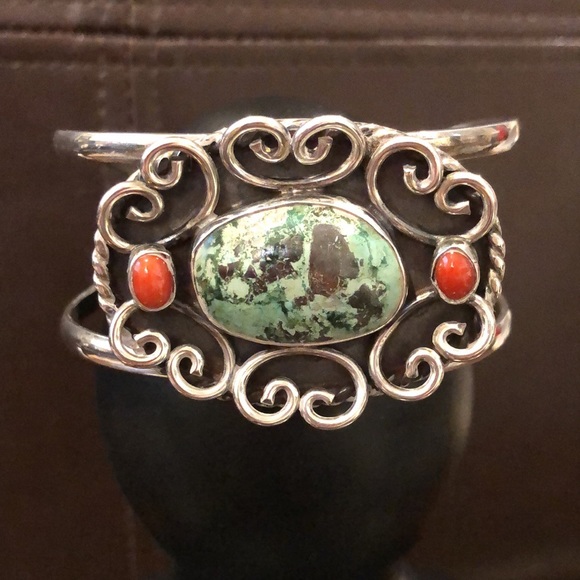 VINTAGE Sterling Silver Turquoise Coral Cuff Bangle Bracelet - Picture 1 of 11